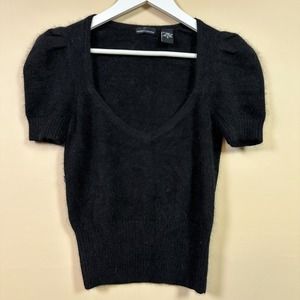 Moda International Angora‎ Blend Sweater Puff Sleeve Black Top Size M